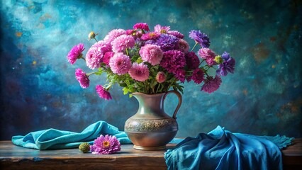 Still Life Photography: Vase of Flowers on Blue Tablecloth - Vibrant Floral Arrangement