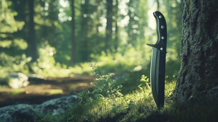 A sleek outdoor knife displayed against a lush forest backdrop, highlighting its rugged design and suitability for camping and survival gear.
