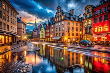 Naklejka premium Stockholm Street Photography: Long Exposure Cityscape at Night