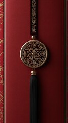 Ornate Gold Medallion Pendant Hanging on Red Book Cover