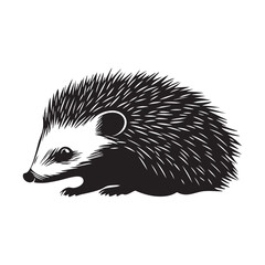 A black and white drawing of a hedgehog