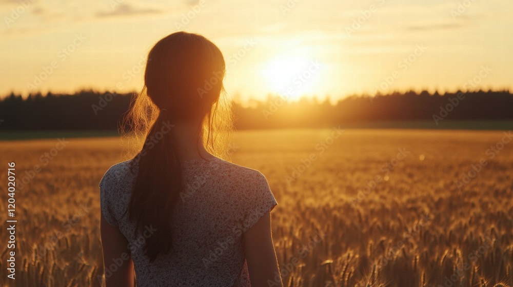 Poster woman gazes at golden sunset over a wheat field creating a serene evening atmosphere. generative ai