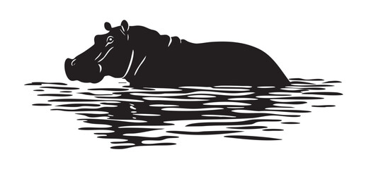 A black and white image of a hippo swimming in a body of water