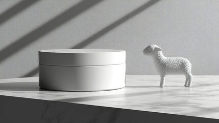 White cosmetic jar and sheep figurine on marble