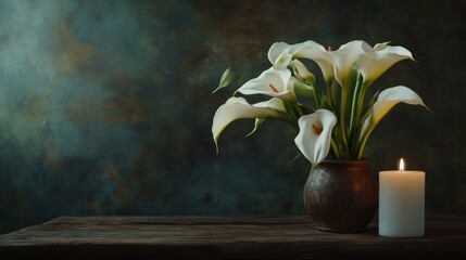 White Calla Lilies, Candle, Rustic Table, Dark Background, Sympathy