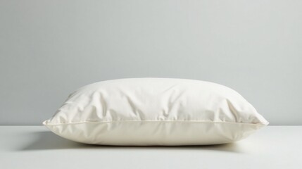Cream-colored pillow resting on a table against a neutral backdrop