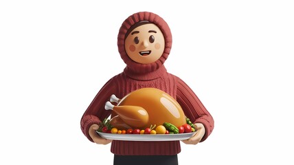 Playful cartoon character in a cozy sweater holding a turkey on a platter. 3D illustration of Thanksgiving feast preparation. Bright background color.