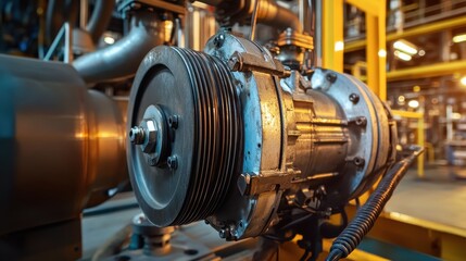 Fototapeta premium Electric motor close-up in a petrochemical setting, showcasing intricate details of metal housing and wiring.