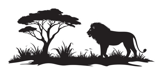 A lion is standing in front of a tree in a grassy field