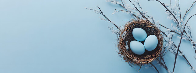 Easter background with blue eggs in a bird's nest and willow branches on a pastel sky-blue backdrop with copy space