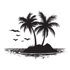 The palm trees are tall and the island is surrounded by water