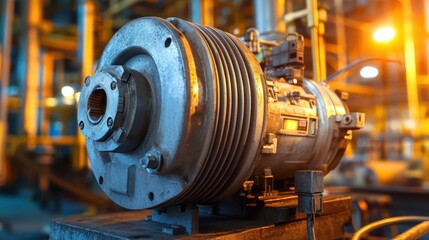 Fototapeta premium Close-up of electric motor in operation, highlighting metal casing and electrical components in petrochemical setting.