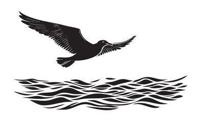 A black and white bird flying over the water