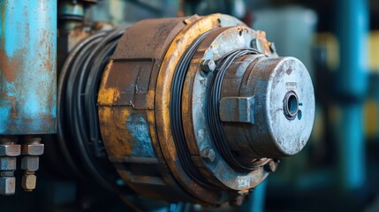 Obraz premium Close-up view of electric motor wiring, focusing on metal components in a petrochemical environment.