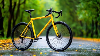 Fototapeta premium Bright Yellow Bicycle on Wet Road in Lush Green Forest