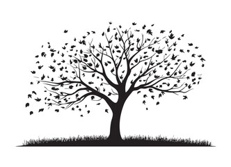 A tree with many leaves is shown in black and white
