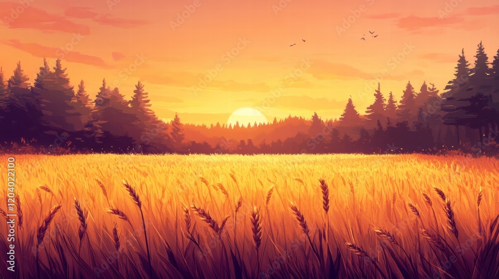Poster Sunset over a golden wheat field with tall trees in the background during early evening. Generative AI