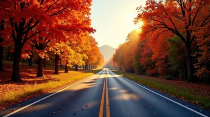 Autumnal Road Trip Through a Canopy of Vibrant Fall Foliage