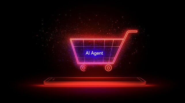 A smartphone displaying a glowing AI agent shopping cart surrounded by digital icons symbolizes the future of e-commerce and retail innovation through technology..