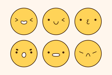 A cute emoji set with different facial expressions. Yellow characters with happy, joyful, sad, disappointed, surprised, angry mood. Vector doodle illustration. Perfect for social media, stickers.
