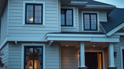 Luxury Dream Home Exterior at Night. Modern House Design, Gray Siding, Elegant Facade, and Beautiful Windows. Perfect for Real Estate, Architecture, and Home Design Inspiration.
