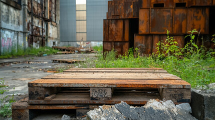 Discarded Pallets in Abandoned Industrial Site Overgrown with Vegetation and Rust
