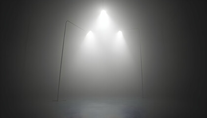 Dramatic black and white image of a foggy room illuminated by three spotlights, creating a mysterious and atmospheric scene.  Perfect for moody backgrounds or suspenseful projects.