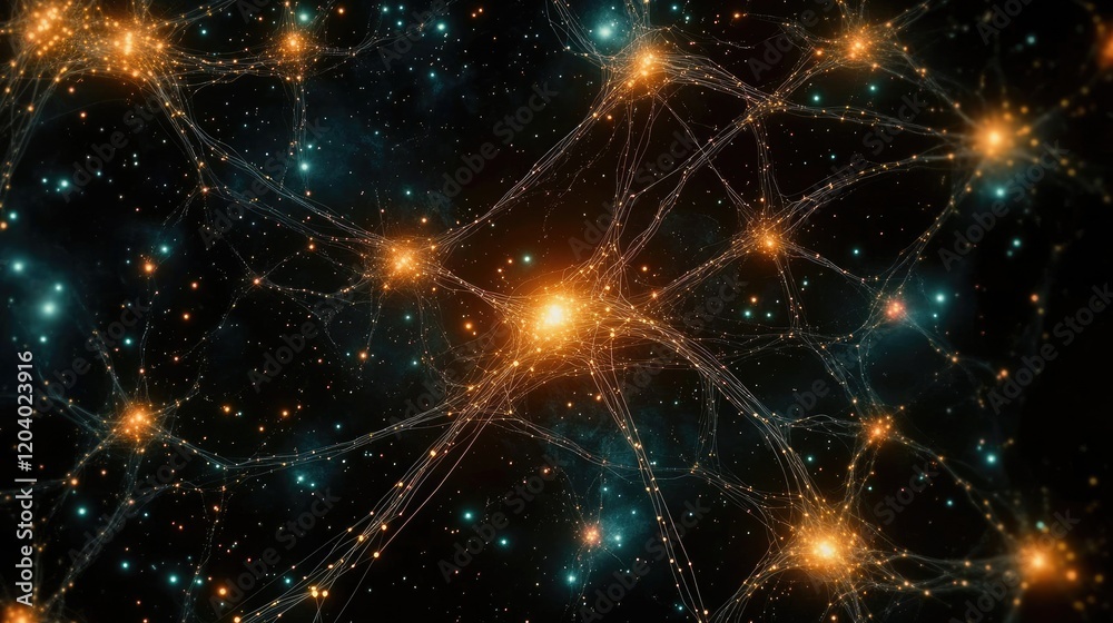 Poster interconnected glowing dots and lines forming a neural network-like pattern on a deep, dark backdrop