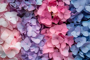 Colorful hydrangea flowers as a background, top view