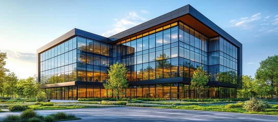 Modern glass office building with green trees in foreground, reflecting sustainable design.
