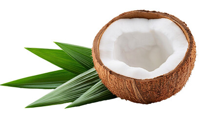 Half of coconut lying near palm tree leaves on transparent background