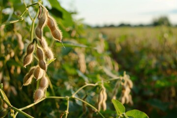 Close up of ripe soybean pods growing on a soybean plant in a field, ready for harvest