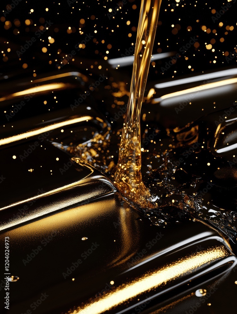 Poster Golden liquid flowing over glossy surface creating a striking contrast with sparkling particles in dark background. Generative AI