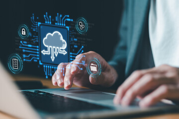 Business person migrate data and corporate information into cloud technology for data security and back up as disaster recovery site and prevent for cyber crime. Data inventory for enterprise.