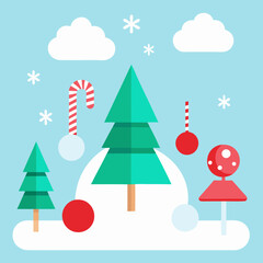 A festive Christmas and New Year scene with paper-cut trees, clouds, snowflakes, candy canes, and ornaments against a light blue background 
