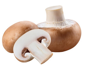 Royal brown champignon mushrooms whole and halved on transparent background