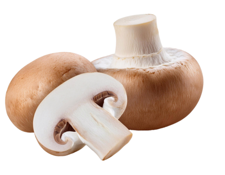 Royal brown champignon mushrooms whole and halved on transparent background