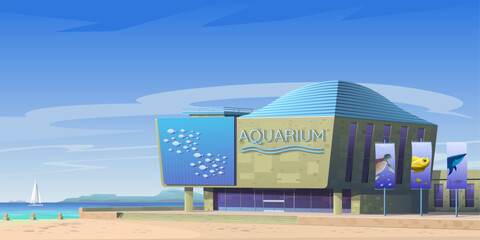Facade of the oceanarium building. Educational, tourist complex for studying and demonstrating marine animals. Coast, sea bay, cobblestone embankment, modern architecture. Vector cartoon illustration.