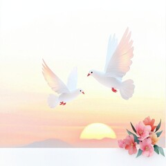 Obraz premium Two doves flying at sunset with delicate flowers in the foreground.