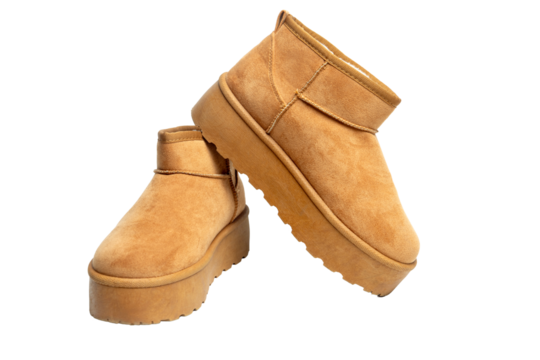 Pair of camel suede winter boots with platform sole and transparent background