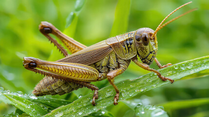 Fototapeta premium Detailed Close-Up Macro Photograph of Grasshopper Perched on Green Leaf with Dew Drops