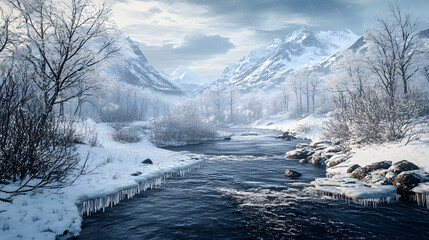 Snow-covered trees framing a serene river in a peaceful winter setting.