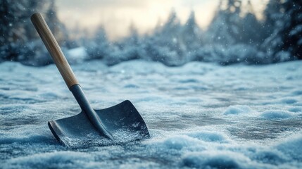 Snow shovel in snowy winter forest landscape