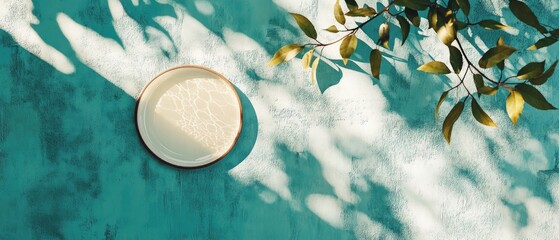 Empty Plate on Teal Background with Leaf Shadows