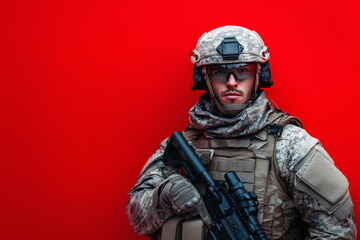 Naklejka premium Professional soldier in tactical gear and rifle in hands exudes strength against vivid red backdrop