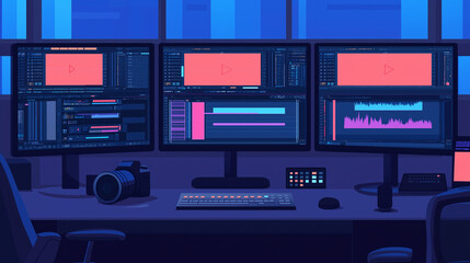 Information media documentation. Media production studio camera and editing software image.