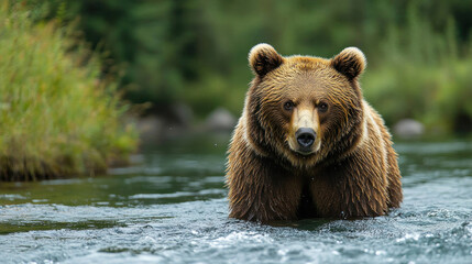 Obraz premium A wild bear fishing for salmon in a rushing river, framed by dense forest