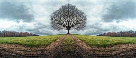 Bare Tree Stands Alone On A Hilltop Meadow