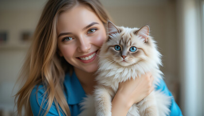 Beautiful Woman with Long Blonde Hair Tenderly Holding a Fluffy Ragdoll Cat Indoors