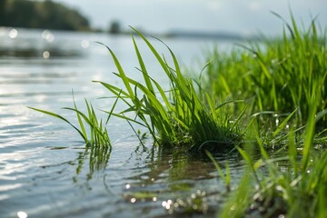 Obraz premium Submerged Grass Blades, Underwater Meadow, Aquatic Plants, Still Water, Nature Photography